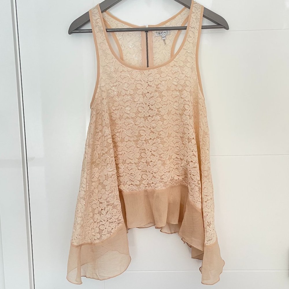 Buffalo David Bitton Lace tank  with peplum cream champagne small EUC